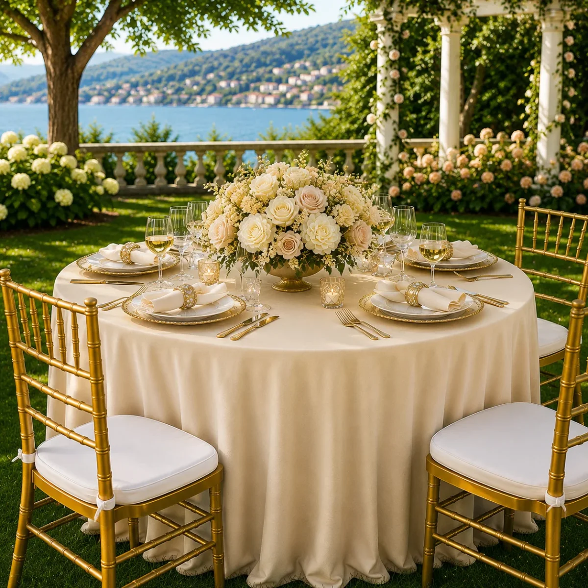 132" Round Scuba (Wrinkle-Free) Tablecloth - Champagne (1pc) - Image 3